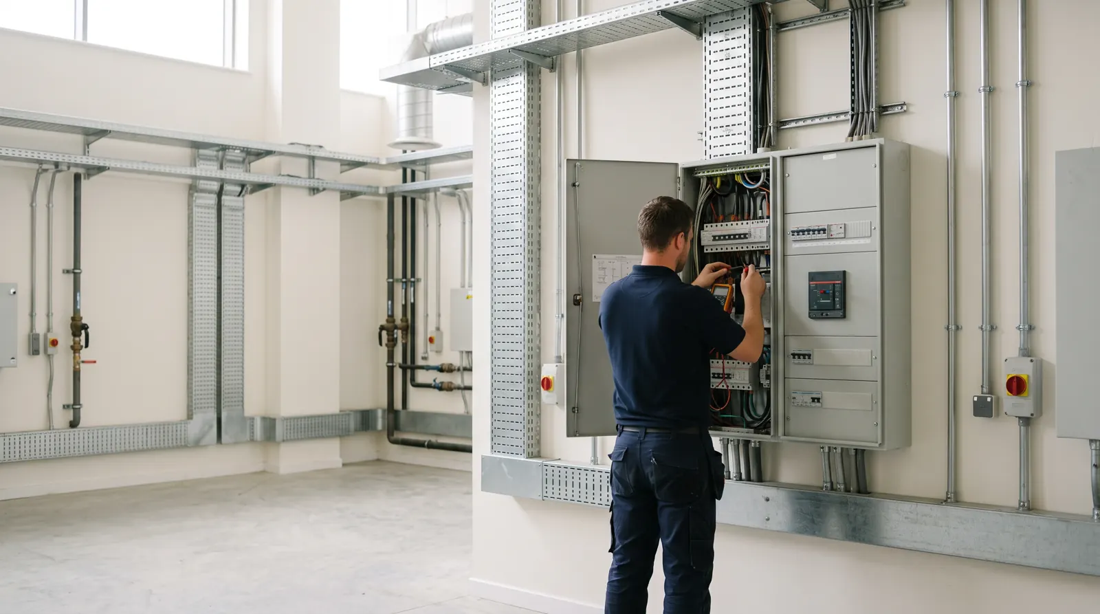 Three-phase distribution board in a commercial plant room