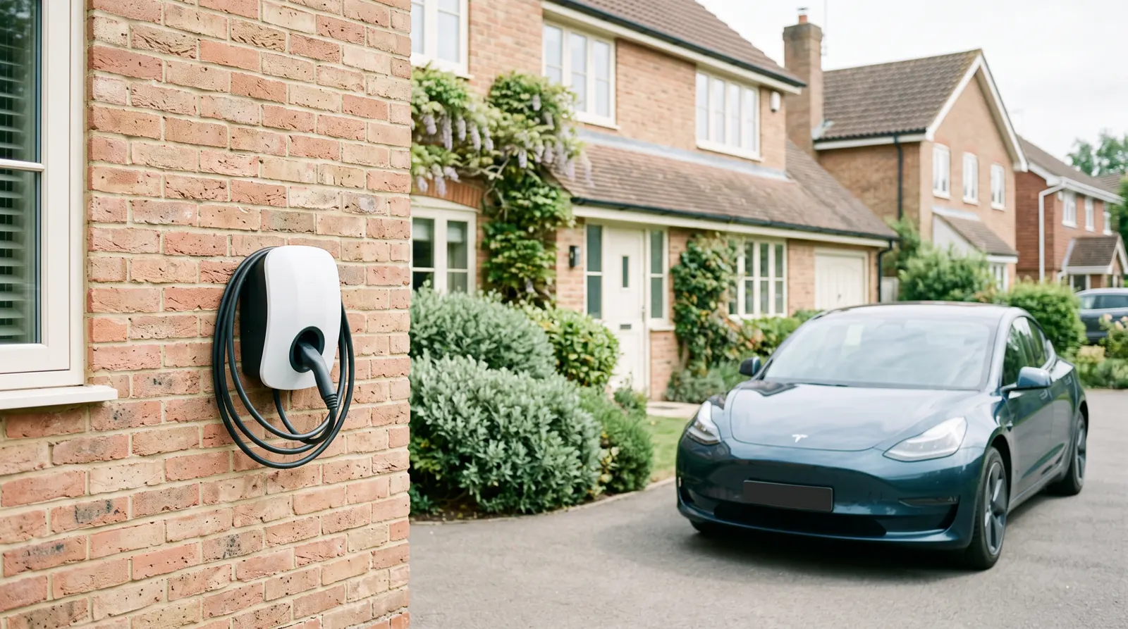 Wall-mounted EV chargepoint fitted to the outside of a brick house